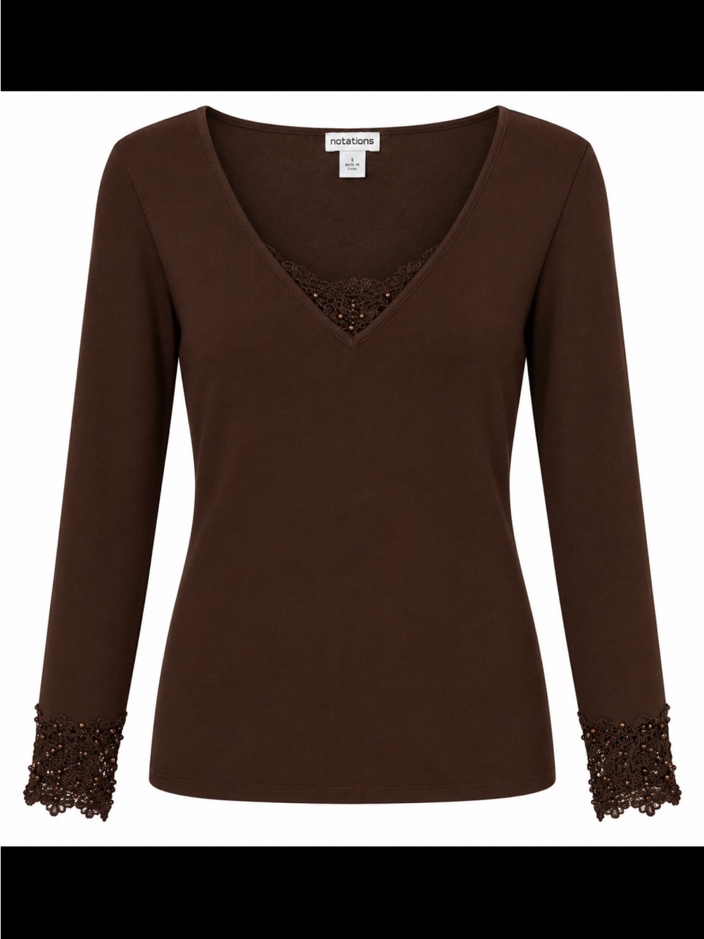 Notations Brown Long Sleeve V-Neck Top with Lace Trim